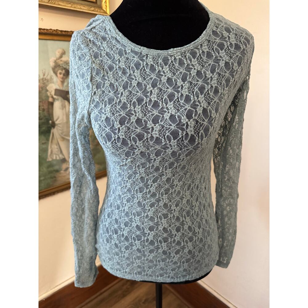Old Navy Lace Long Sleeve Top XS Sage Green Sheer Fitted Stretch Y2K
